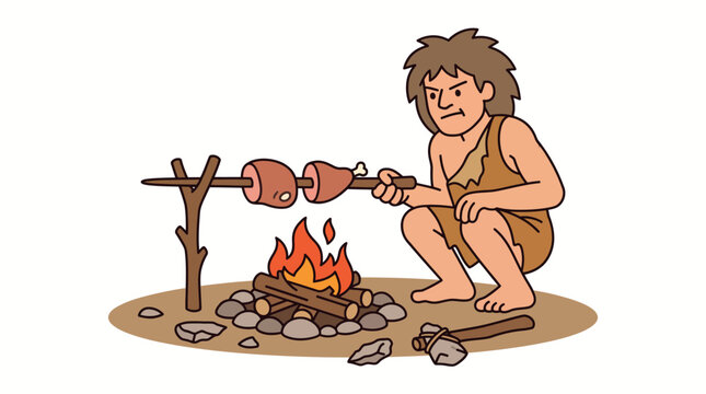 Caveman roasting meat over an open campfire in prehistoric setting