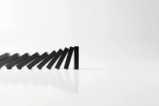 Chain Reaction and Risk Management: Row of Black Falling Dominoes Stopped by Last Standing Block