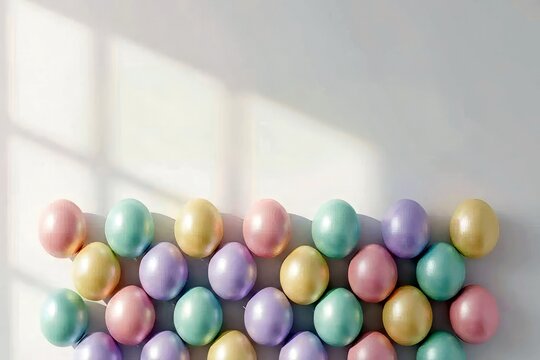 Easter Holiday Celebration and Seasonal Decor: Pastel Colored Easter Eggs Arranged with Copy Space