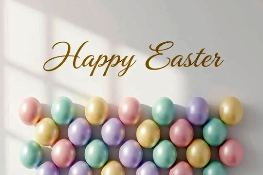 Easter Celebration and Seasonal Greeting: Elegant Pastel Painted Easter Eggs Arranged in Rows on White Surface