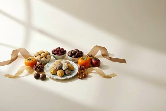 Korean Chuseok Holiday Feast: Traditional Songpyeon Rice Cakes, Dried Persimmons, Dates, and Nuts Arranged with Ribbon on Cream Surface