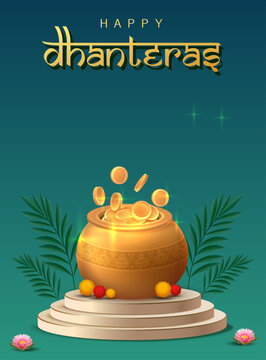Dhanteras Festival Poster with Golden Pot, Oil Lamps, Green Foliage and Traditional Indian Decorative Elements