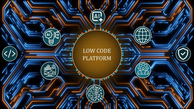Low Code Platform Futuristic AI Technology with Advanced Data Analytics, No Code Development, Machine Learning, Big Data, Neural Network, Business Intelligence 4K Video