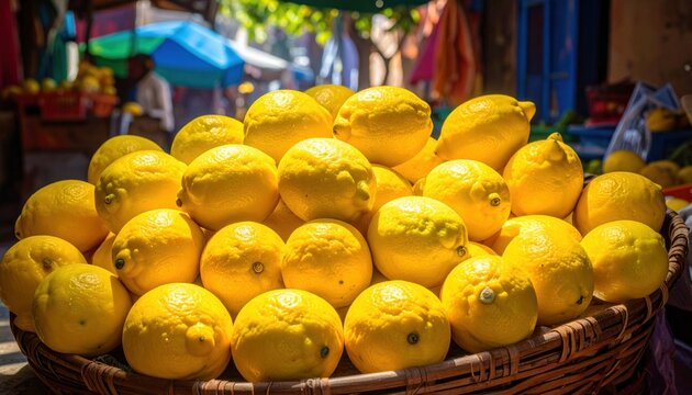 Sun-drenched ripe lemons piled high in a woven basket at a bustling outdoor market