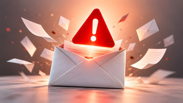 3D rendering of glowing red warning sign emerging from open envelope with flying papers, representing urgent email alert, spam message, or communication error.