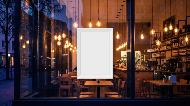 Blank sign in a cafe window at night with warm lights.