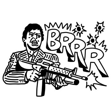 Edgy black-and-white comic style shooter with BRRR sound, intense action line art