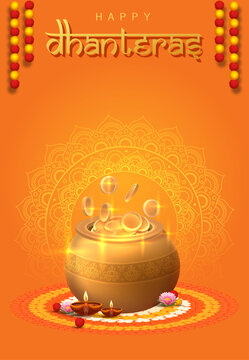 Dhanteras Festival Poster with Glowing Golden Pot, Oil Lamps and Traditional Indian Decorative Motifs
