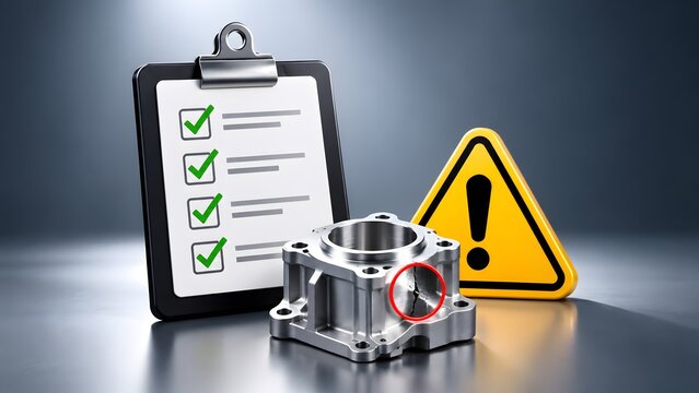 3D render broken metal machine part with clipboard checklist and yellow warning triangle, representing quality control failure, defective product inspection, mechanical damage and manufacturing error