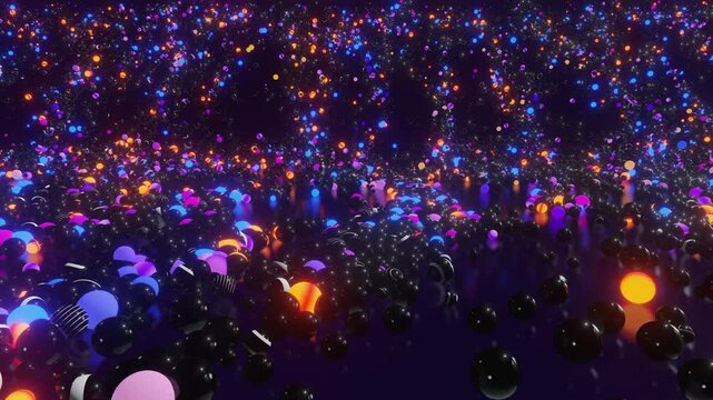 Seamless loop of countless glowing and striped spheres colliding and rolling. Kinetic physics simulation, illuminated glowing orbs, and energetic festival celebration concept background
