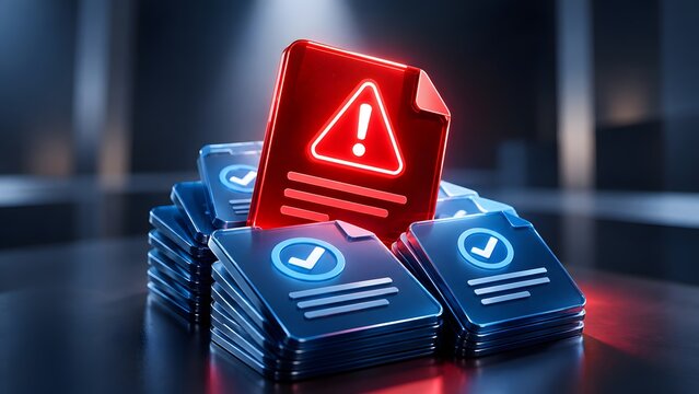 3D render of digital document stack with one glowing red warning file representing audit failure compliance error corrupted data and rejected application