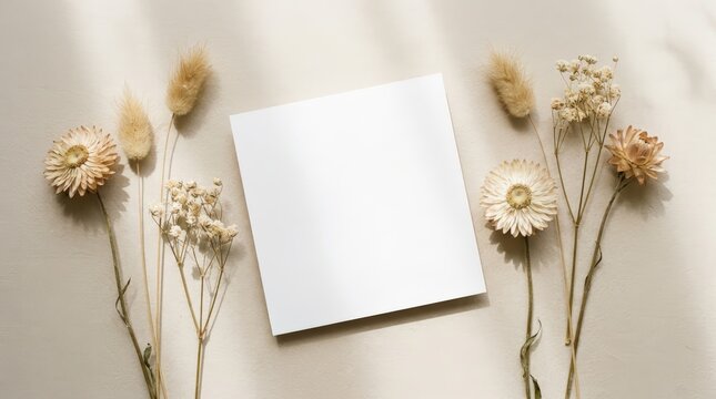 Blank square card surrounded by dried flowers and grasses on a neutral background with soft shadows.