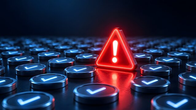 3D render of glowing red warning triangle standing out among blue checkmark tokens representing outlier risk anomaly detection and single point of failure