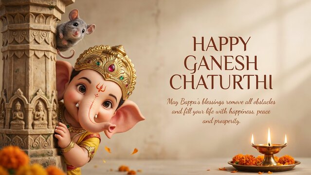 Happy Ganesh Chaturthi greeting card illustration with a divine elephant deity character, a mouse companion, lit oil lamp, and festive marigold flowers.