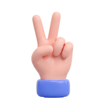 3d hand showing victory sign with blue sleeve isolated on white background, illustration