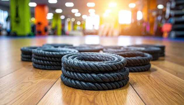 Thick Black Training Ropes Coiled on Wooden Gym Floor with Blurred Fitness Center Background