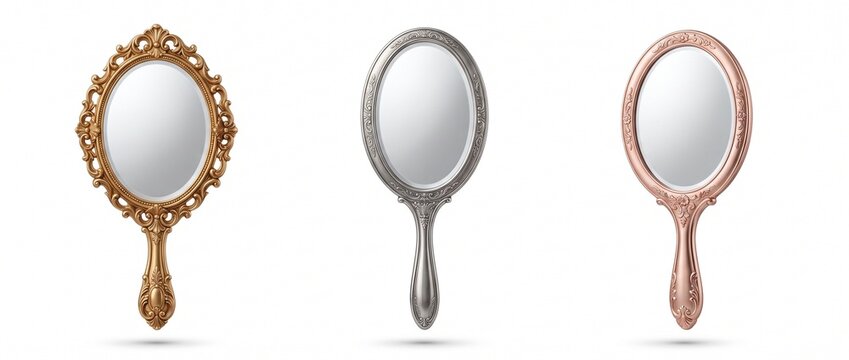 Set of three vintage ornate hand mirrors in gold, silver, and rose gold. Antique makeup mirrors isolated on white background.