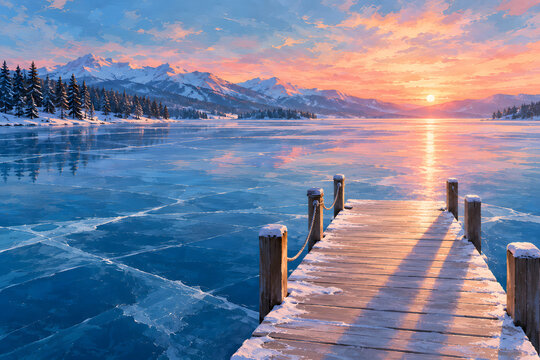 Artistic digital gouache painting of serene frozen lake with minimal wooden jetty at sunset