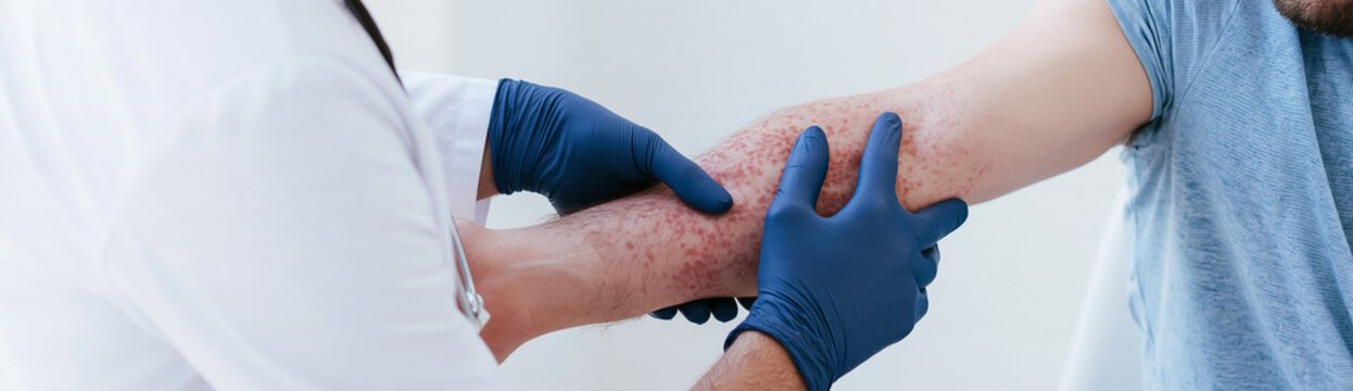 Close-up of a doctor wearing blue gloves examining a man's forearm covered in a red measles rash, highlighting the skin condition and medical examination