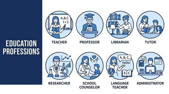 Education professions icons showing teacher professor librarian and other roles