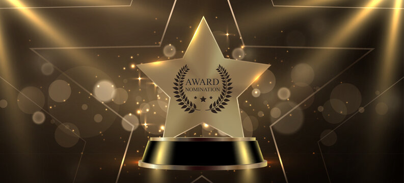 Golden star award on a spotlight background for an elegant celebration event. Vector illustration.