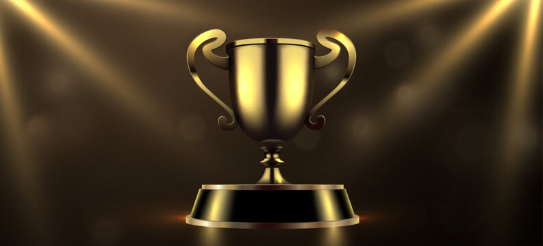 Golden winner trophy cup on a dark background with spotlight illumination. Concept of success. Vector illustration