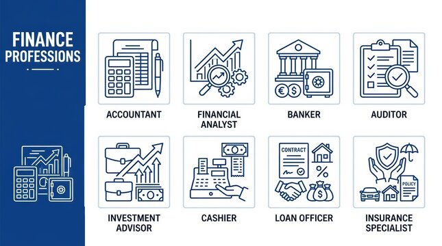 Finance professions icons showing accountant, financial analyst, banker and other roles