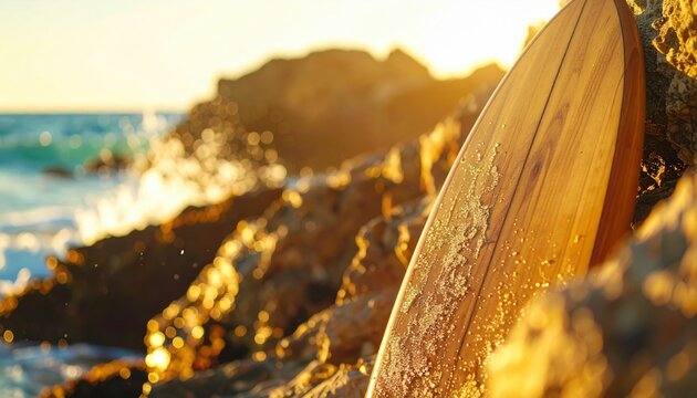 Unvarnished wooden surfboard on a sunny, rocky coastline with ocean waves and golden light