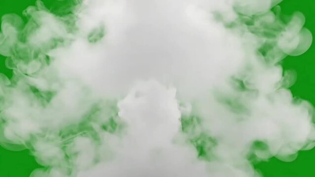 Volumetric white smoke or steam effect dispersing on a solid green chroma key backdrop, perfect for creating realistic atmospheric elements and special visual compositions