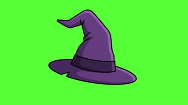 Purple witch hat cartoon illustration isolated on a green screen background for chroma key composting