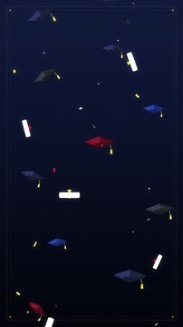 Pixel art animation of graduation caps and diplomas falling in a seamless loop.