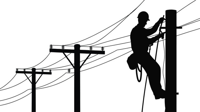 Silhouette of an electrician working on a wooden utility pole with power lines, wearing a hard hat and safety harness, isolated on a white background
