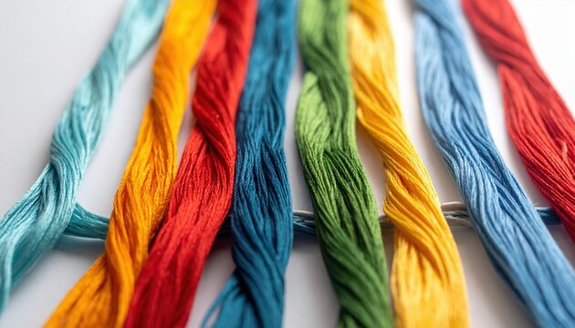 Vibrant Embroidery Threads in a Spectrum of Colors, Close-Up Macro View