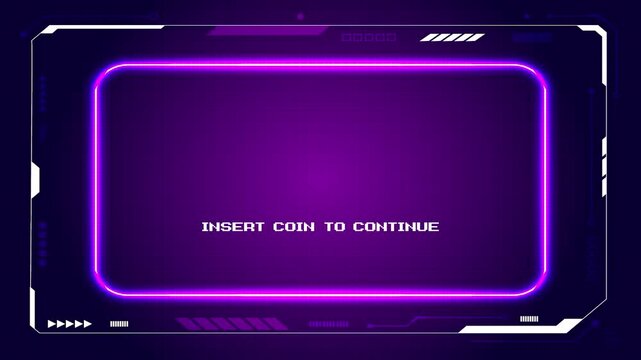 PRESS START. INSERT COIN TO CONTINUE. pixel art 8 bit. Retro Futurism Sci-Fi Background. Glowing neon grid and stars from vintage arcade computer games
