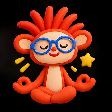 Calm 3D cartoon monkey meditating in yoga pose with eyes closed, isolated on black background
