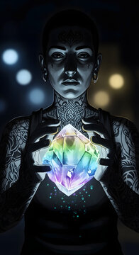 A person with intricate tattoos holds a glowing, multi-faceted rainbow crystal, its radiant light illuminating their intense gaze, symbolizing inner power and mystical energy
