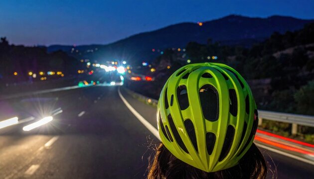 Vibrant Neon Green Bicycle Helmet Ready for Night Cycling on a Mountainous Road