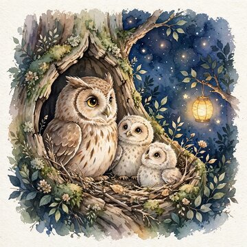 watercolor mother Watercolor illustration of a mother owl and her two chicks in a tree hollow at night with a glowing lantern dark artistic lifestyle