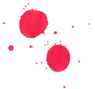 Red watercolor splashes and small splatters on a white background.
