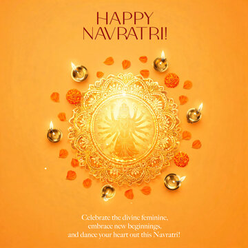 Happy Subh Navratri Graphic Devi Diya Mandala Flower Yellow Minimal Background Social Media Post