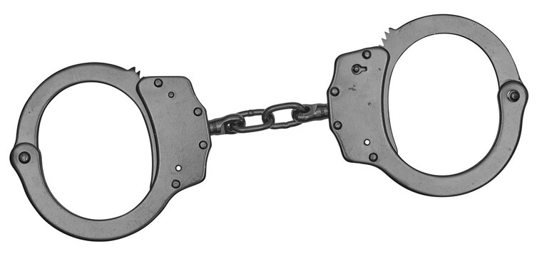 Metal police handcuffs with a chain on a white background.