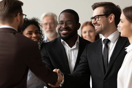 Diverse group of business people shaking hands in agreement during a corporate meeting