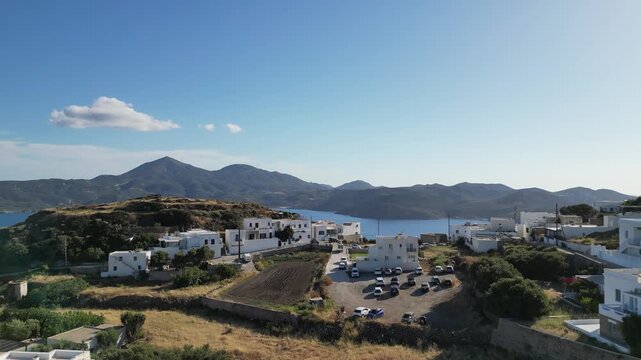 Aerial View of Plaka Village and Bay on Milos Island Greece