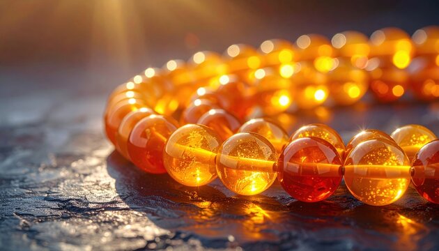 Warm Orange Amber Beads Illuminated by Soft Sunlight on Textured Surface