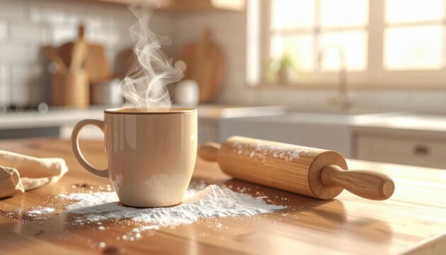 Warm Coffee Cup and Rolling Pin on Flour-Dusted Kitchen Counter During Morning Light