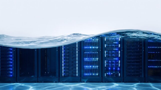 Submerged server racks with glowing blue lights in water representing data center disaster or innovation in liquid cooling technology.