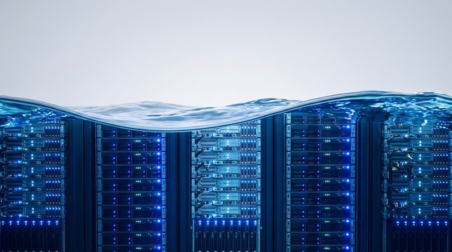 Submerged server racks with glowing blue lights under rippling water representing data center failure disaster or system overload with a clean bright background.