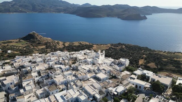 Aerial View of Church and Village in Plaka Overlooking Milos Bay