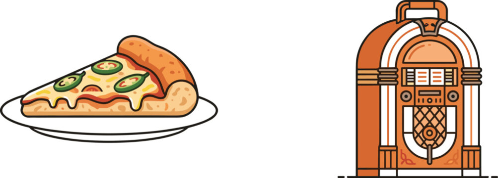 A slice of delicious pizza with jalapeno toppings on a plate next to a vintage jukebox illustration