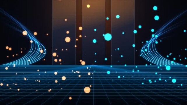 Futuristic neon blue digital technology grid with glowing orange and cyan particle spheres